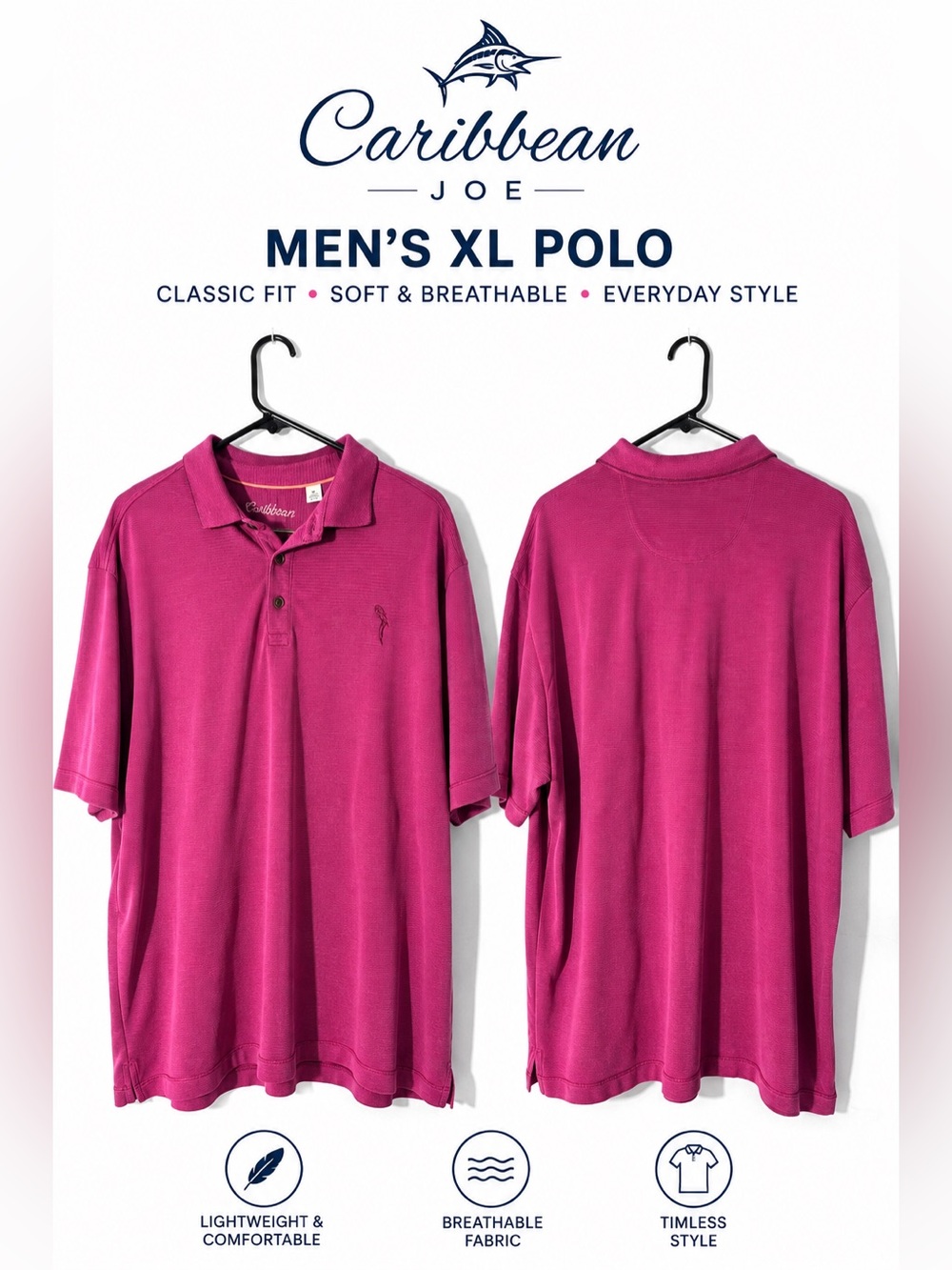 Caribbean Men’s XL Pink Performance Golf Polo Marlin Logo Short Sleeve Shirt